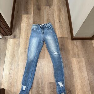 KanCan Women's Skinny Jeans - Light Blue Distressed